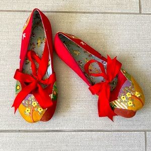 Irregular Choice ballet flats - red with Asian style embroidery- ribbon ties